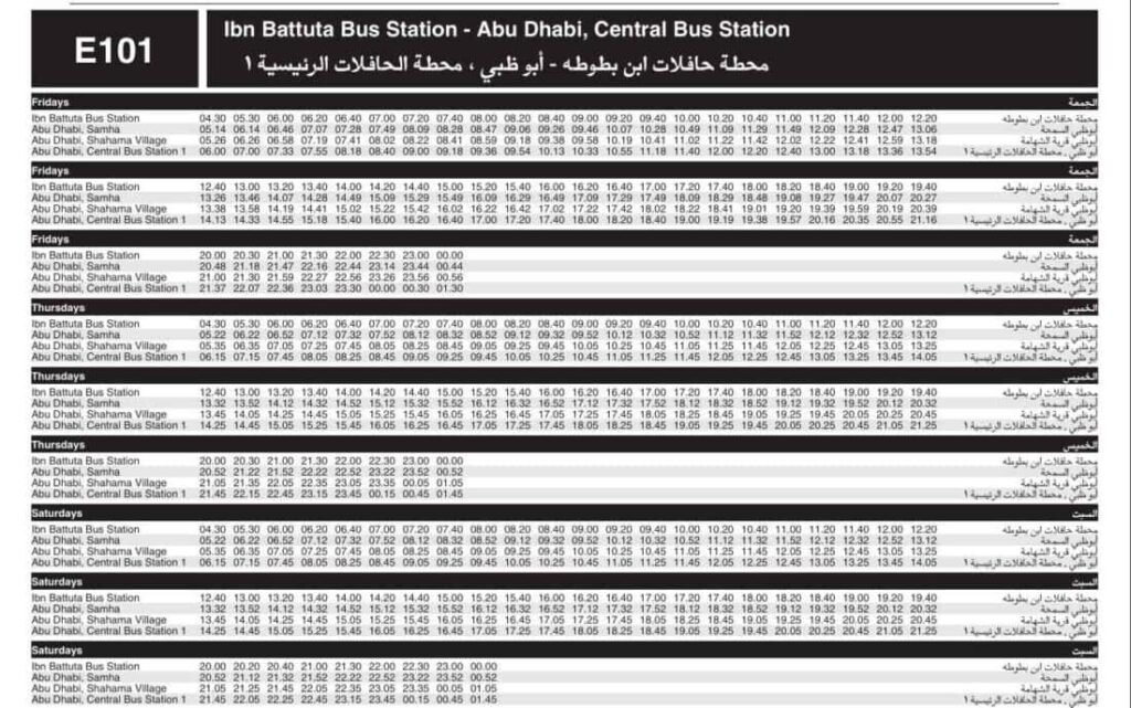 Bus E101 Friday – Saturday Timetable