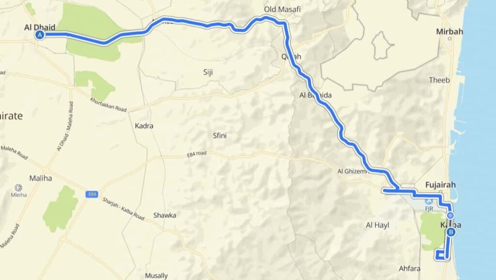 Al Dhaid to Kalba Bus Route Map