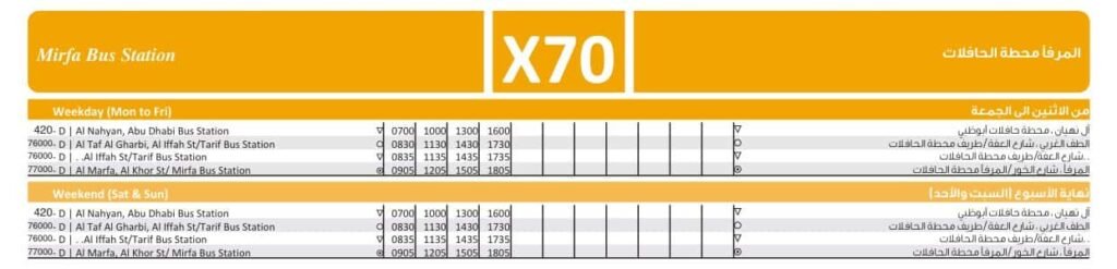 Bus X70 from Abu Dhabi Bus Station Timetable