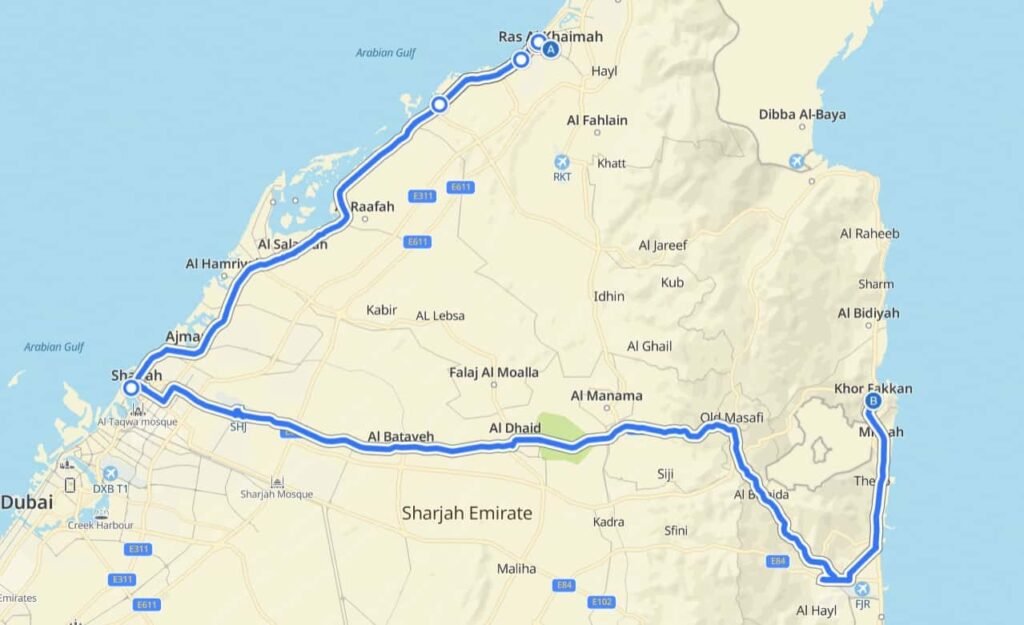 Ras Al Khaimah to Khor Fakkan Bus Route Map