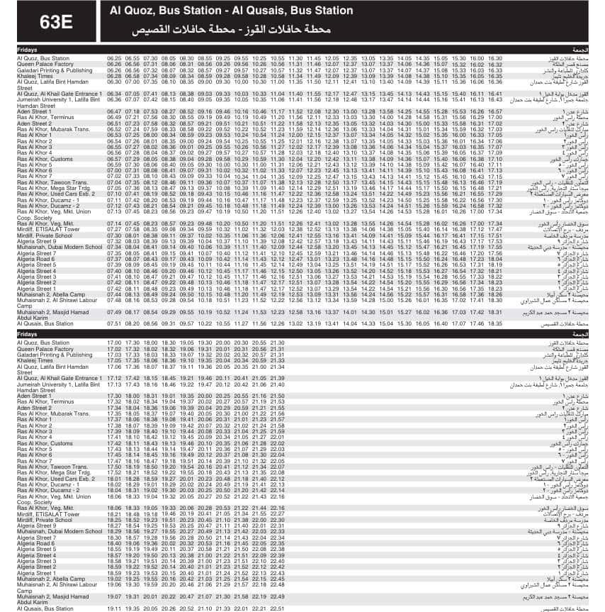 Bus 63E Friday Timetable