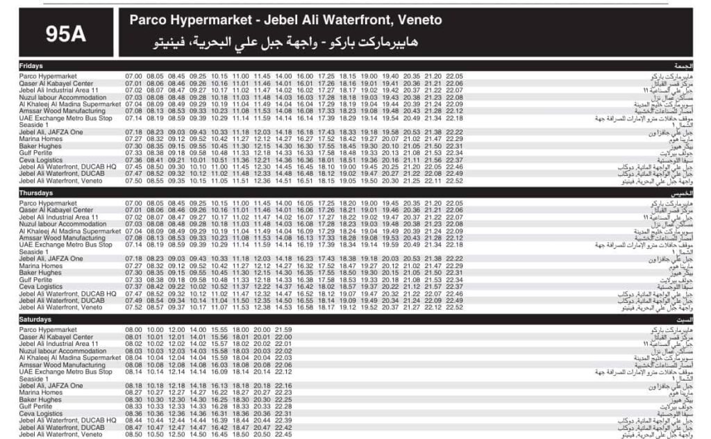 Bus 95A Friday, Thursday, & Saturday Timetable