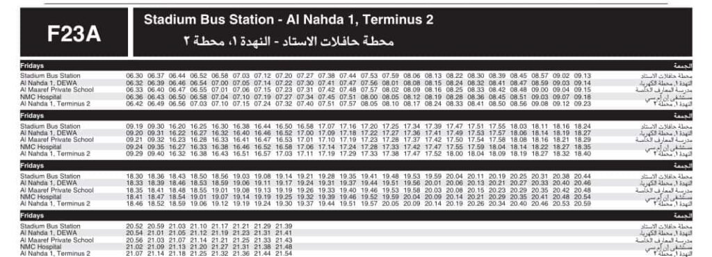 Bus F23A Friday Timetable