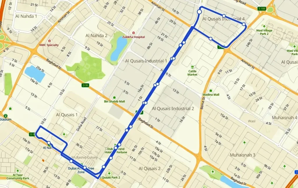 Qusais Industrial Area, Terminus to Al Nahda Metro Route Map