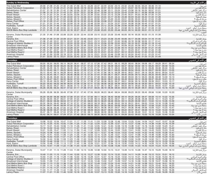 Bus 28 Sunday to Wednesday – Thursday Timetable