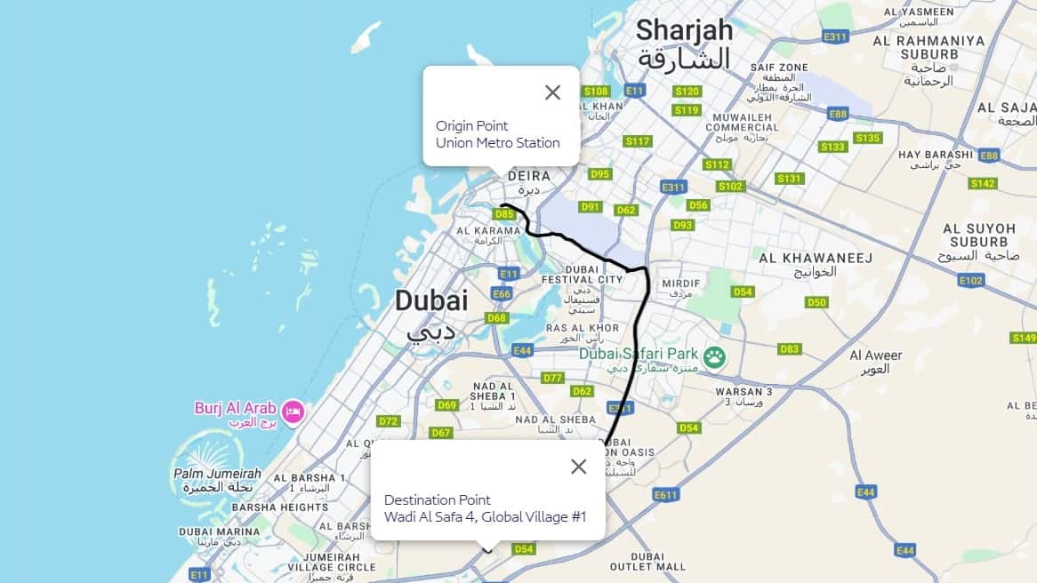 Union Metro Station to Global Village Route Map