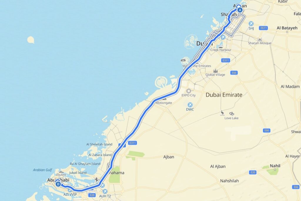 Ajman to Abu Dhabi Route Map