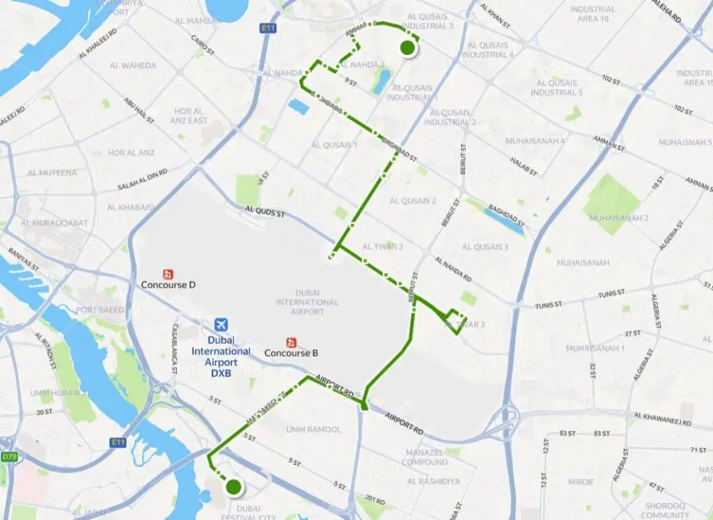 F08 bus route Dubai Festival City to Al Nahda map